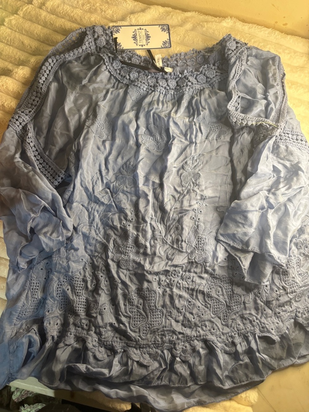 Tempo Paris Pale Blue Embroidered Peasant Blouse